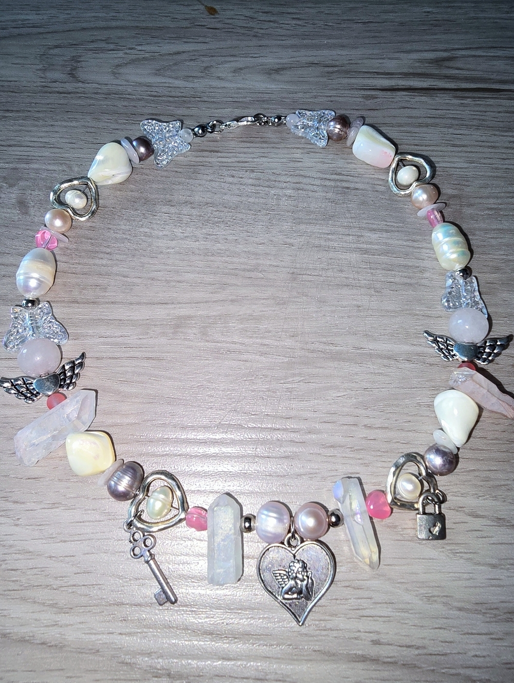 Genuine Pearl Crystal Rose Quartz Lock & Key Girly Pink Silver Necklace